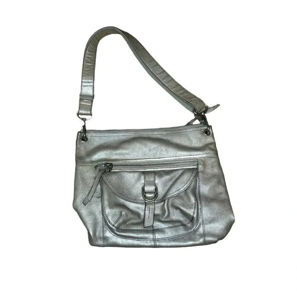 Fossil Vintage Gold Metallic Leather Shoulder Bag Satchel Purse - Picture 1 of 9